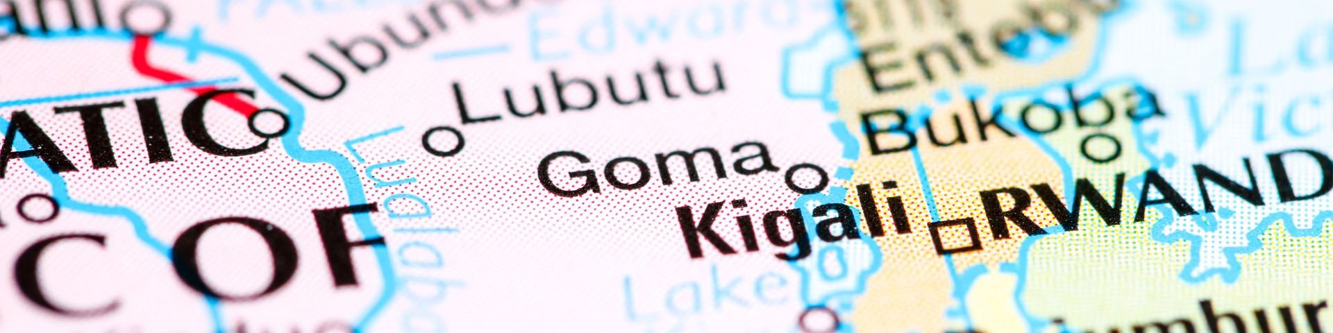 A close up of a map of the Democratic Republic of the Congo, focusing on the regions of Goma, Kigali (in bold), Lubutu and Bukoba. The word RWANDA can be partially seen.